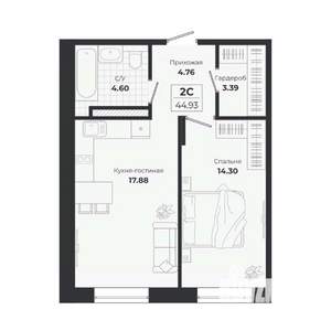 2-к квартира, строящийся дом, 45м2, 7/9 этаж