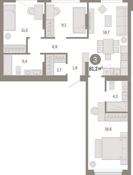 3-к квартира, вторичка, 81м2, 5/12 этаж