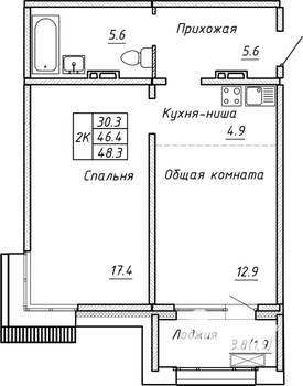 2-к квартира, строящийся дом, 48м2, 3/15 этаж