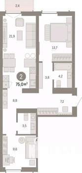 2-к квартира, вторичка, 75м2, 6/7 этаж