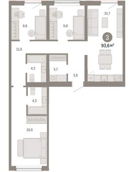 3-к квартира, вторичка, 94м2, 7/15 этаж