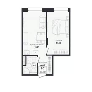 2-к квартира, строящийся дом, 37м2, 1/9 этаж