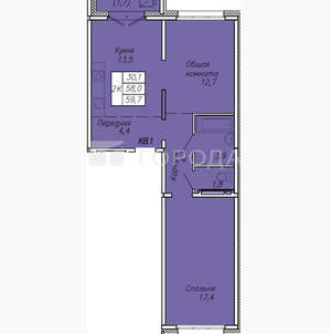 2-к квартира, вторичка, 60м2, 13/17 этаж