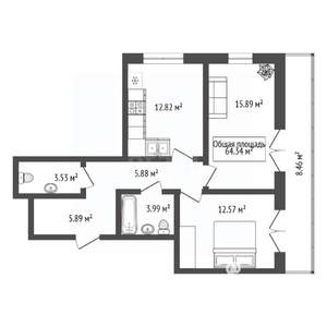 2-к квартира, вторичка, 64м2, 6/18 этаж