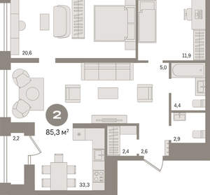 2-к квартира, вторичка, 85м2, 22/30 этаж
