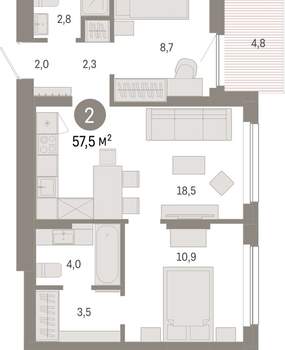 2-к квартира, вторичка, 58м2, 10/12 этаж