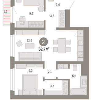 2-к квартира, вторичка, 63м2, 10/12 этаж