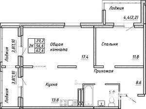 2-к квартира, строящийся дом, 63м2, 12/17 этаж