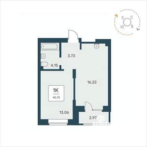 1-к квартира, строящийся дом, 40м2, 17/25 этаж