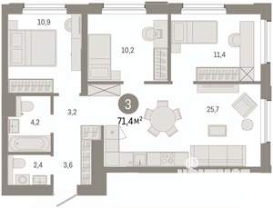 3-к квартира, вторичка, 71м2, 6/14 этаж