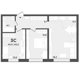 2-к квартира, вторичка, 62м2, 1/9 этаж
