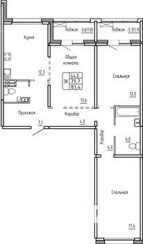3-к квартира, строящийся дом, 83м2, 1/14 этаж