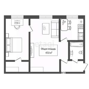 2-к квартира, вторичка, 43м2, 1/5 этаж