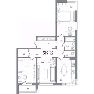 3-к квартира, вторичка, 83м2, 3/12 этаж