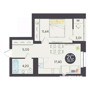 2-к квартира, строящийся дом, 38м2, 4/10 этаж