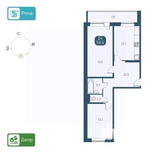 3-к квартира, вторичка, 63м2, 1/17 этаж