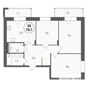 3-к квартира, вторичка, 80м2, 6/18 этаж