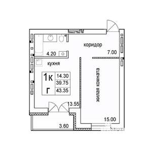 1-к квартира, строящийся дом, 43м2, 6/8 этаж