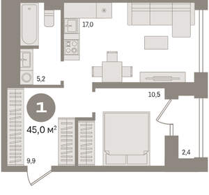 1-к квартира, вторичка, 45м2, 25/30 этаж