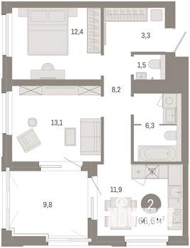 2-к квартира, вторичка, 67м2, 13/14 этаж