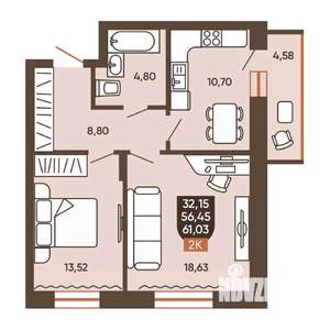 2-к квартира, вторичка, 61м2, 19/19 этаж