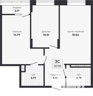 2-к квартира, строящийся дом, 56м2, 3/9 этаж