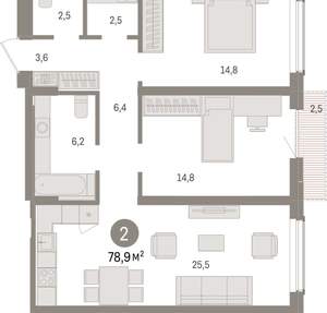 2-к квартира, вторичка, 79м2, 7/15 этаж