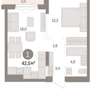 1-к квартира, вторичка, 43м2, 8/15 этаж