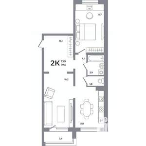 2-к квартира, вторичка, 71м2, 16/17 этаж