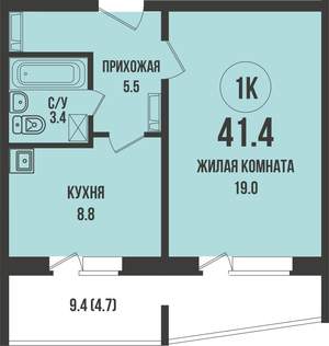 1-к квартира, строящийся дом, 41м2, 11/13 этаж