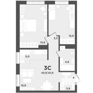 2-к квартира, вторичка, 61м2, 1/9 этаж