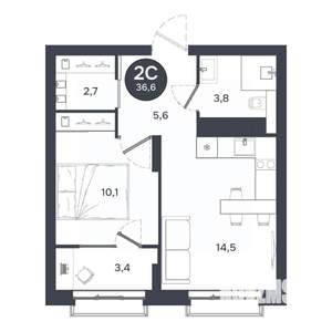 2-к квартира, строящийся дом, 37м2, 14/17 этаж