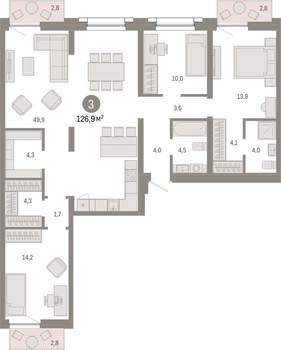 3-к квартира, вторичка, 127м2, 6/9 этаж