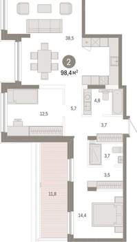 2-к квартира, вторичка, 98м2, 8/8 этаж