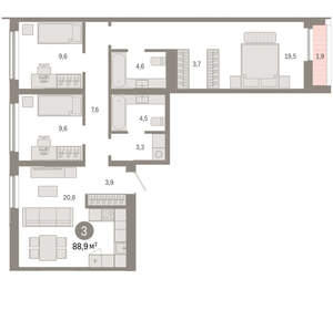 3-к квартира, вторичка, 89м2, 2/15 этаж