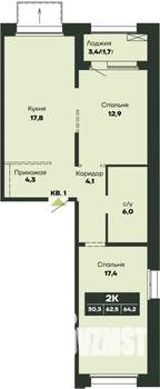 2-к квартира, строящийся дом, 64м2, 1/14 этаж