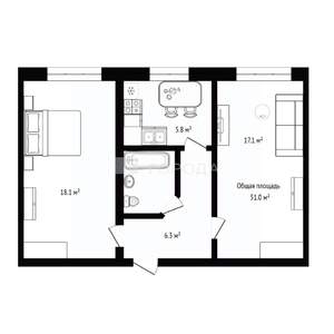 2-к квартира, вторичка, 51м2, 1/5 этаж