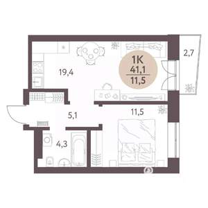 1-к квартира, вторичка, 41м2, 5/7 этаж