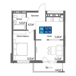 1-к квартира, вторичка, 44м2, 13/25 этаж