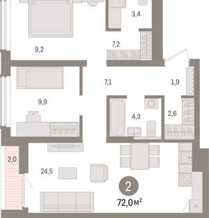 2-к квартира, вторичка, 72м2, 12/15 этаж