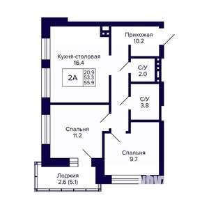 2-к квартира, вторичка, 56м2, 9/10 этаж