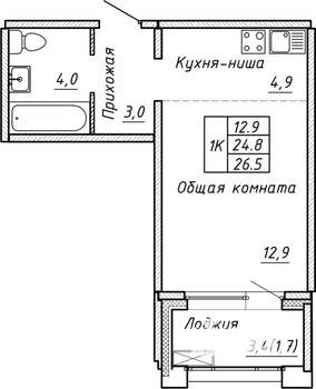 1-к квартира, строящийся дом, 27м2, 6/15 этаж