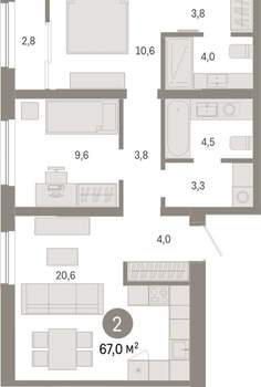 2-к квартира, вторичка, 67м2, 6/15 этаж