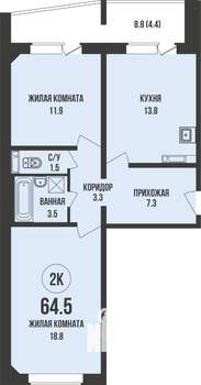 2-к квартира, вторичка, 65м2, 3/13 этаж