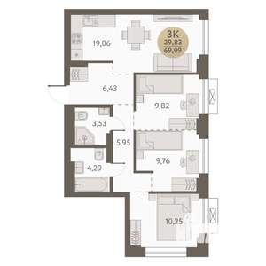 3-к квартира, вторичка, 69м2, 22/31 этаж
