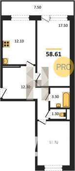 2-к квартира, вторичка, 59м2, 4/17 этаж
