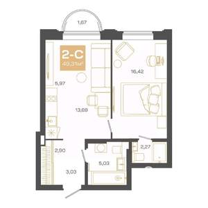 2-к квартира, строящийся дом, 49м2, 17/24 этаж