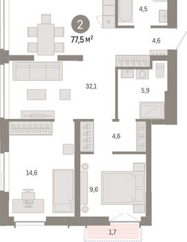 2-к квартира, вторичка, 77м2, 8/23 этаж