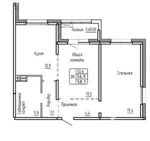 2-к квартира, вторичка, 59м2, 5/17 этаж