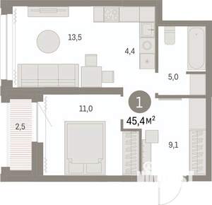 1-к квартира, вторичка, 45м2, 19/30 этаж